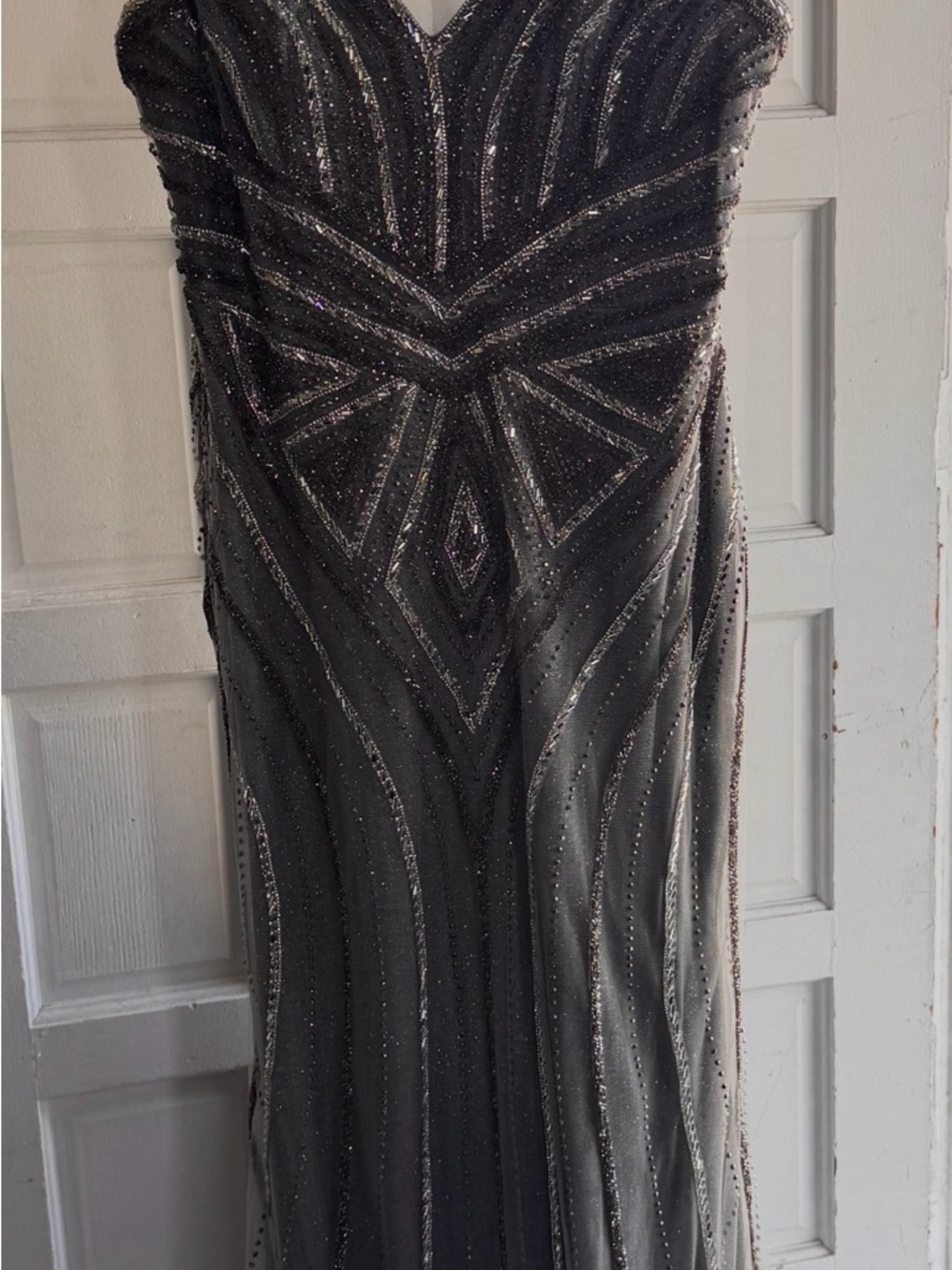 Black Beaded Prom Gown with Silver Accents